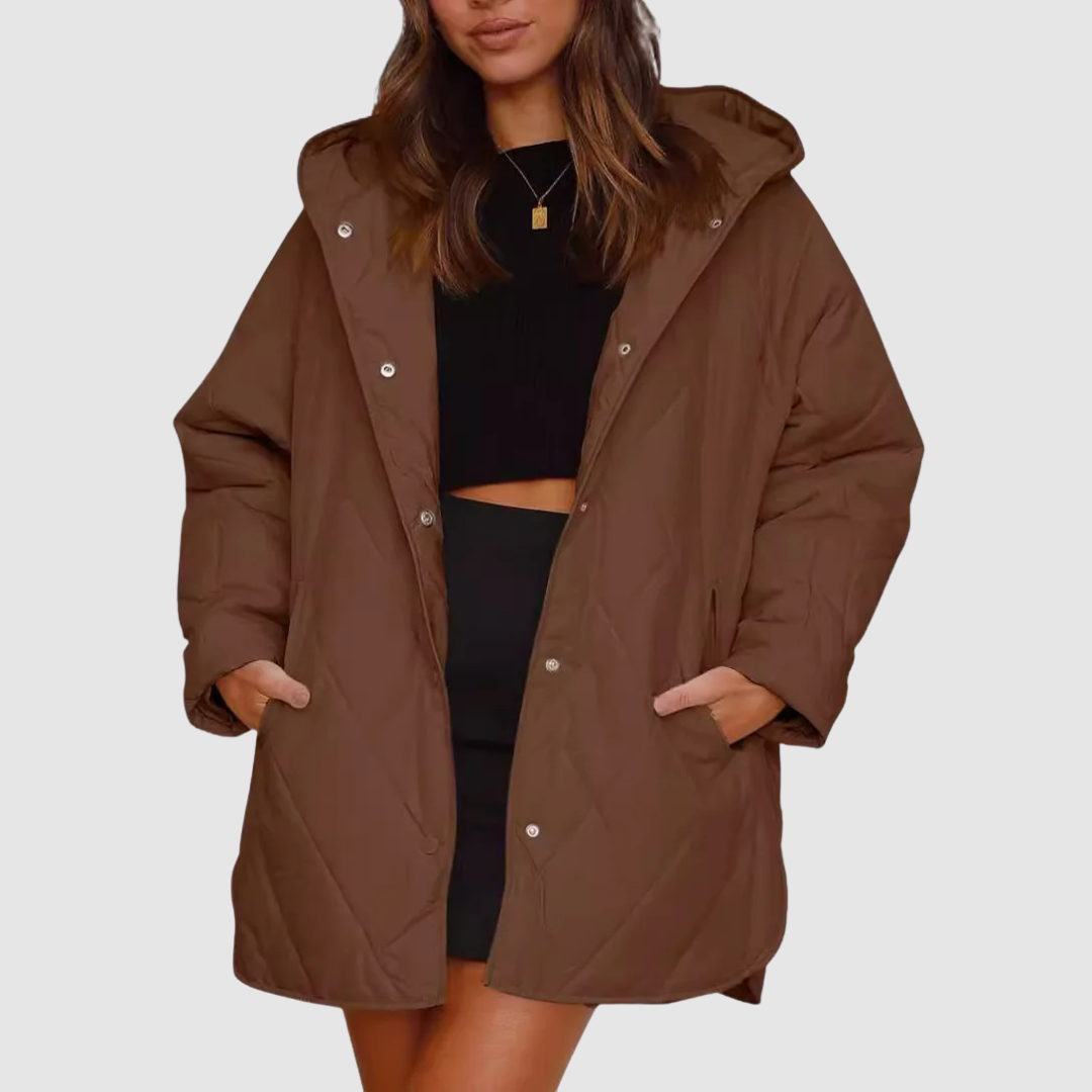 Kristyna Rose – Długi pikowany płaszcz damski z kapturem