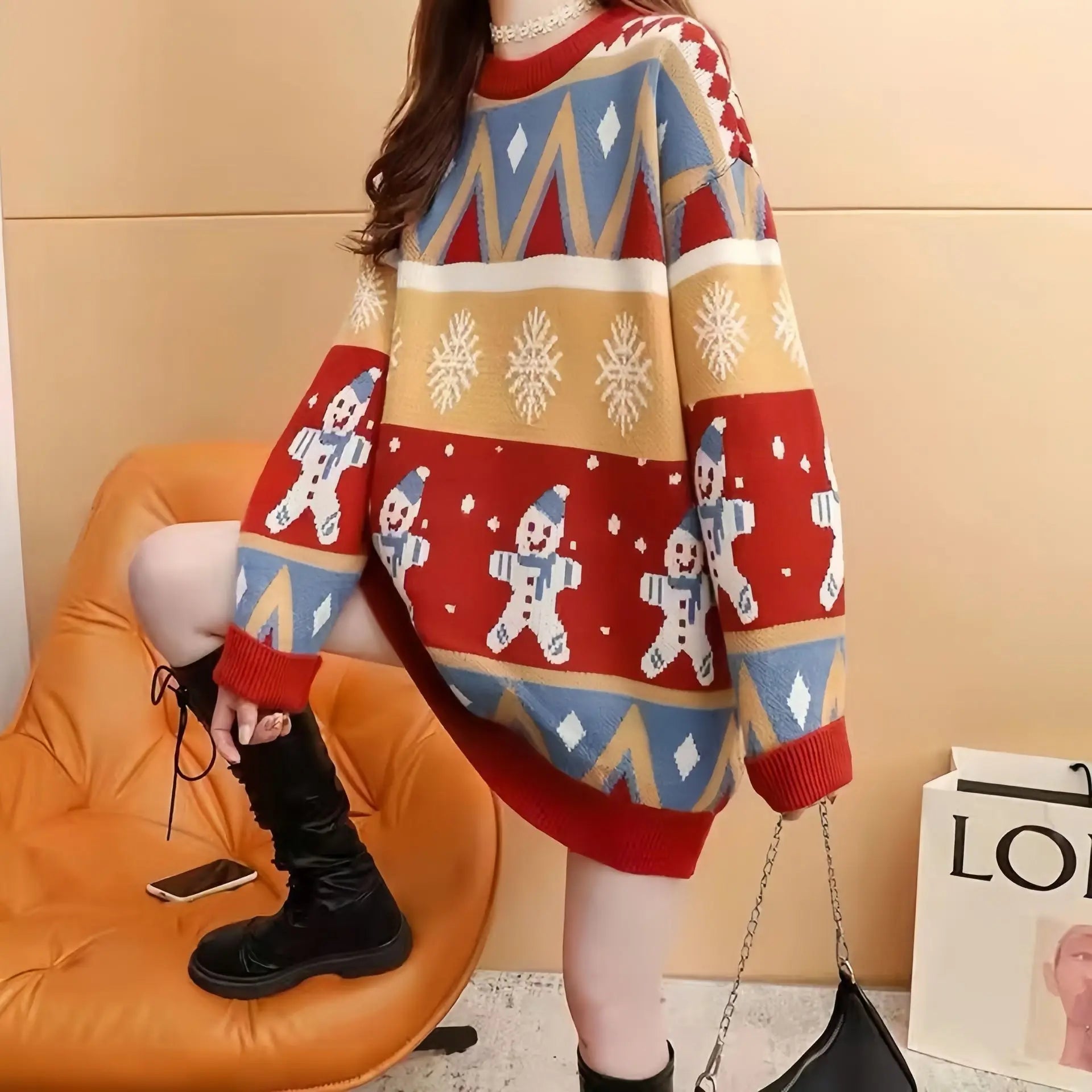 Sara – Sweter damski oversize ze świątecznym wzorem