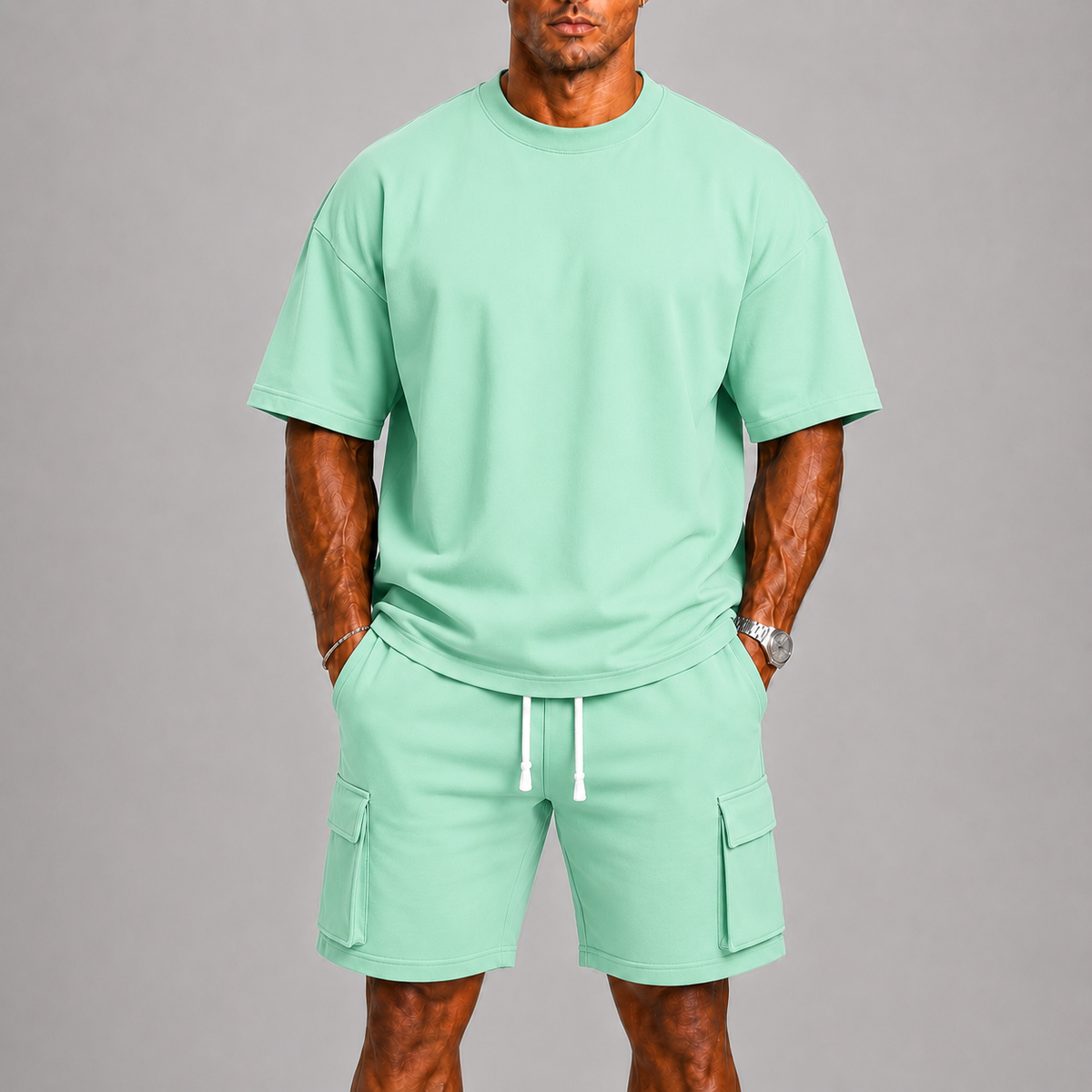 Bruno – Męski sportowy zestaw letni z T-shirtem oversize i szortami cargo