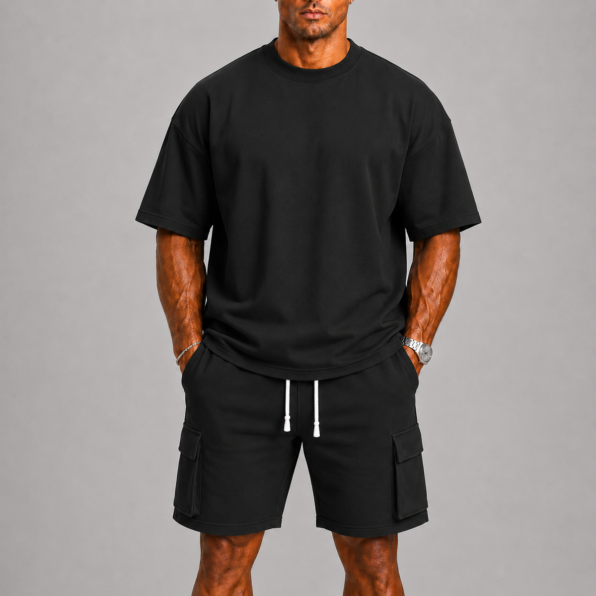 Bruno – Męski sportowy zestaw letni z T-shirtem oversize i szortami cargo