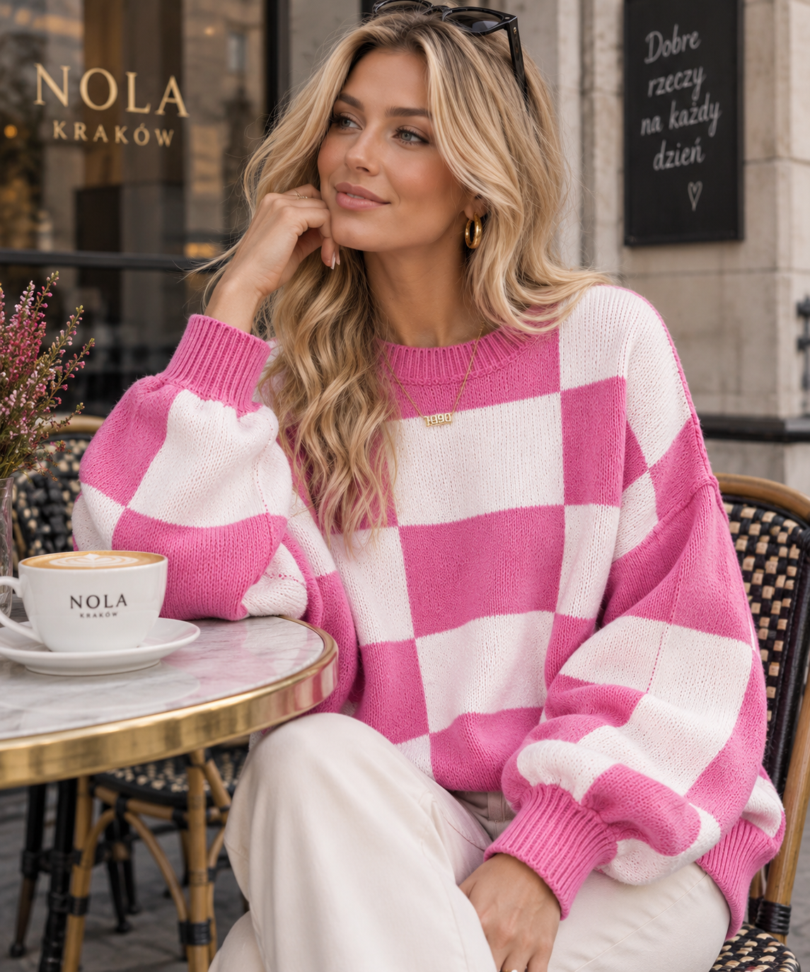 Sophia Marie – Sweter damski oversize w szachownicę