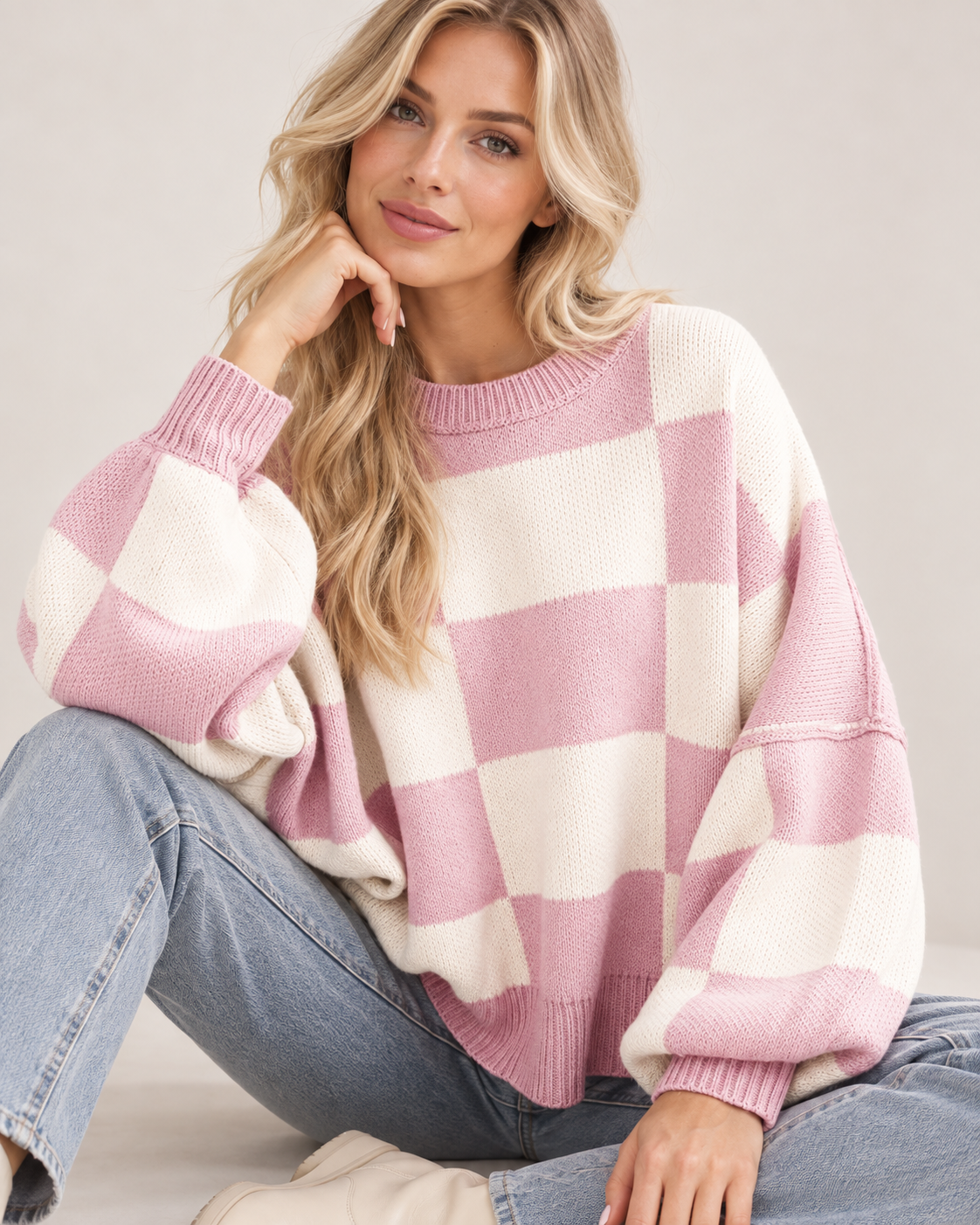 Sophia Marie – Sweter damski oversize w szachownicę