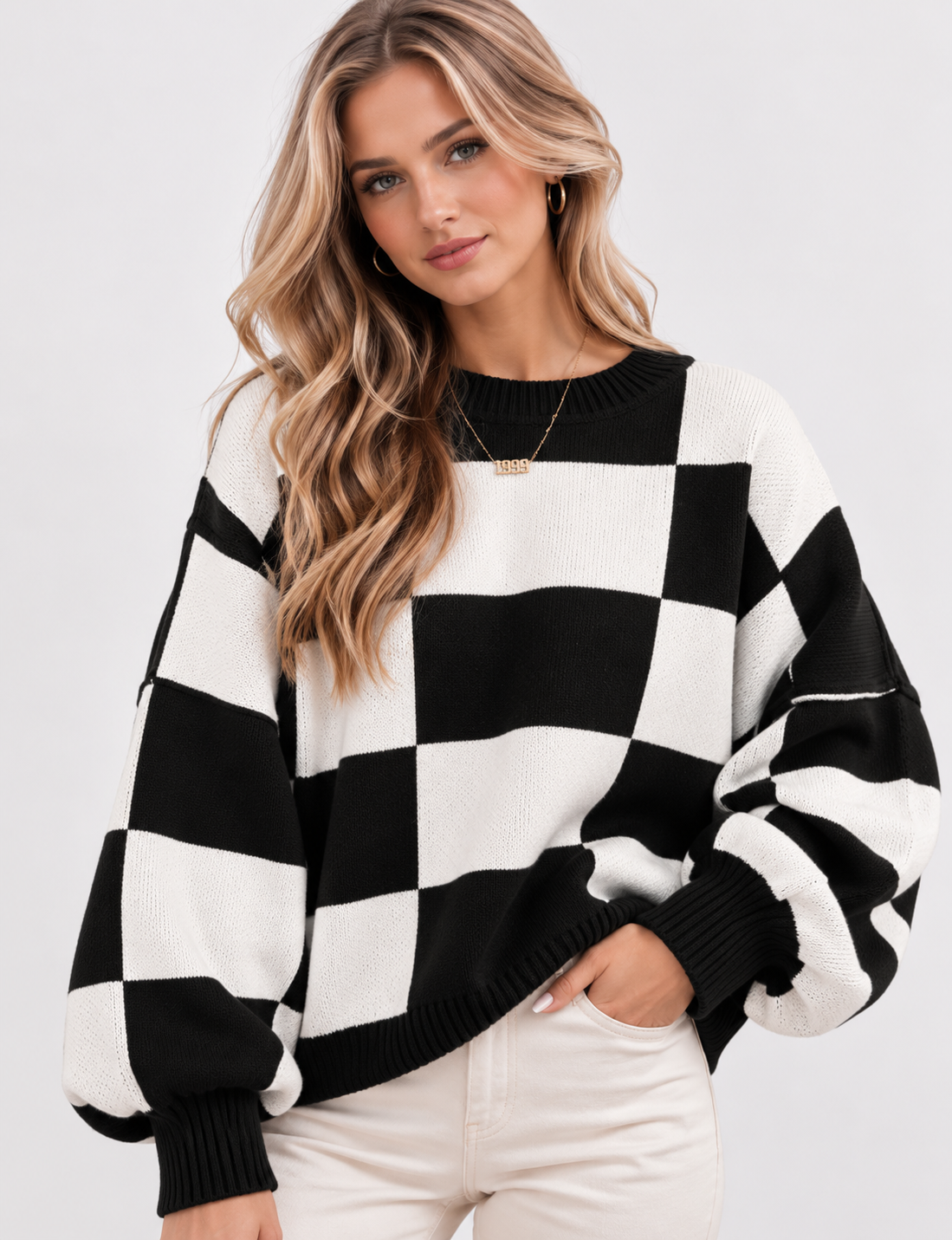Sophia Marie – Sweter damski oversize w szachownicę