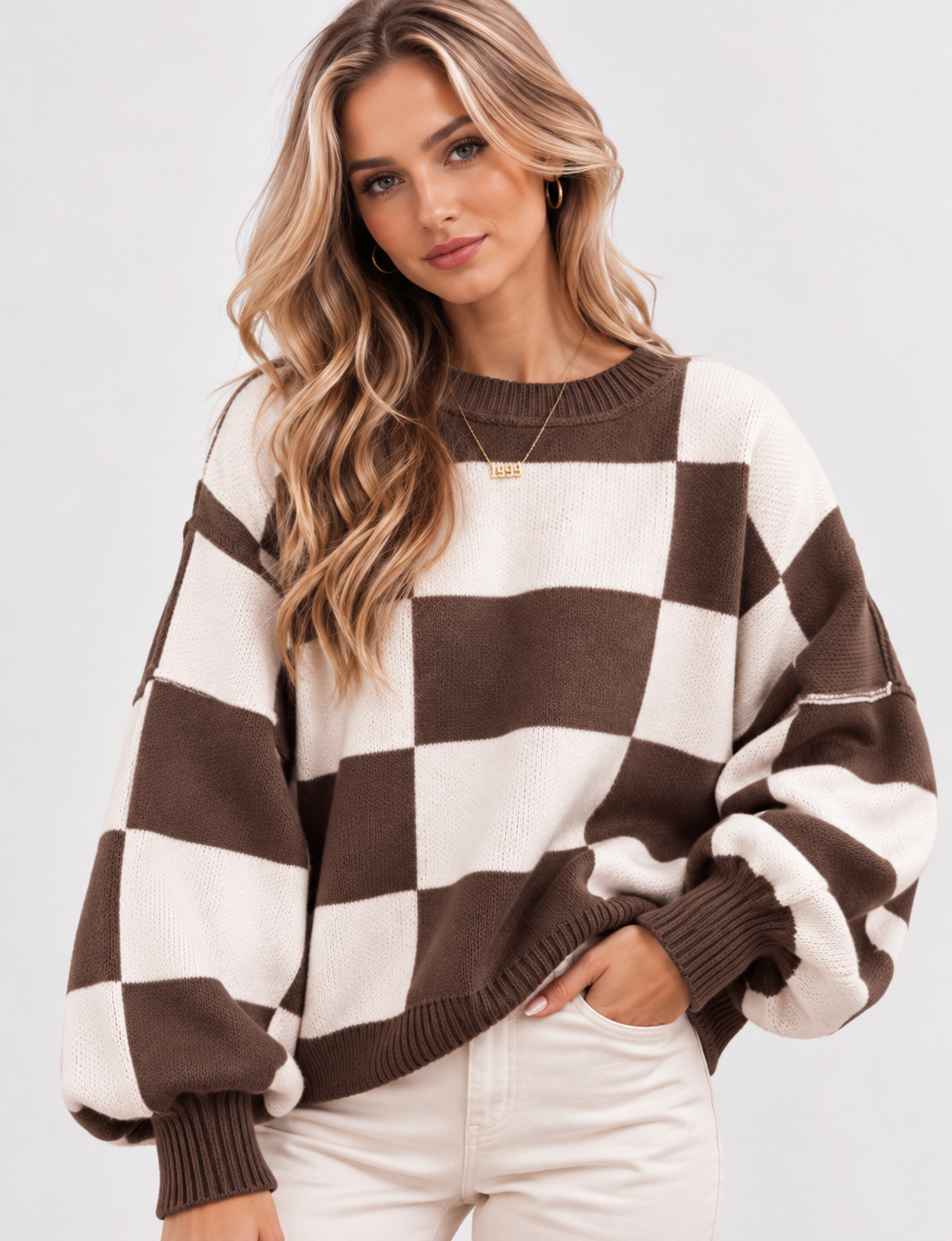 Sophia Marie – Sweter damski oversize w szachownicę