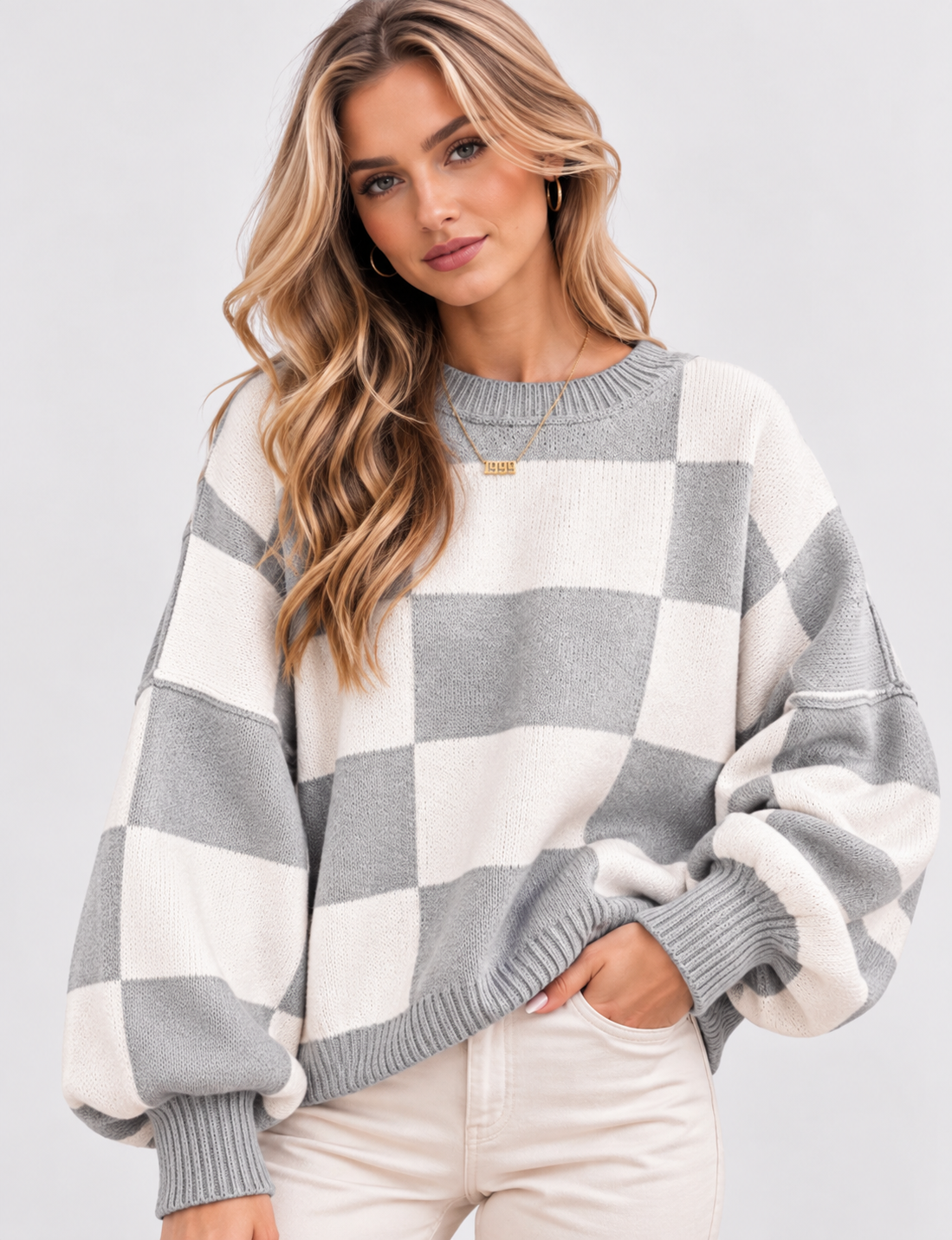 Sophia Marie – Sweter damski oversize w szachownicę