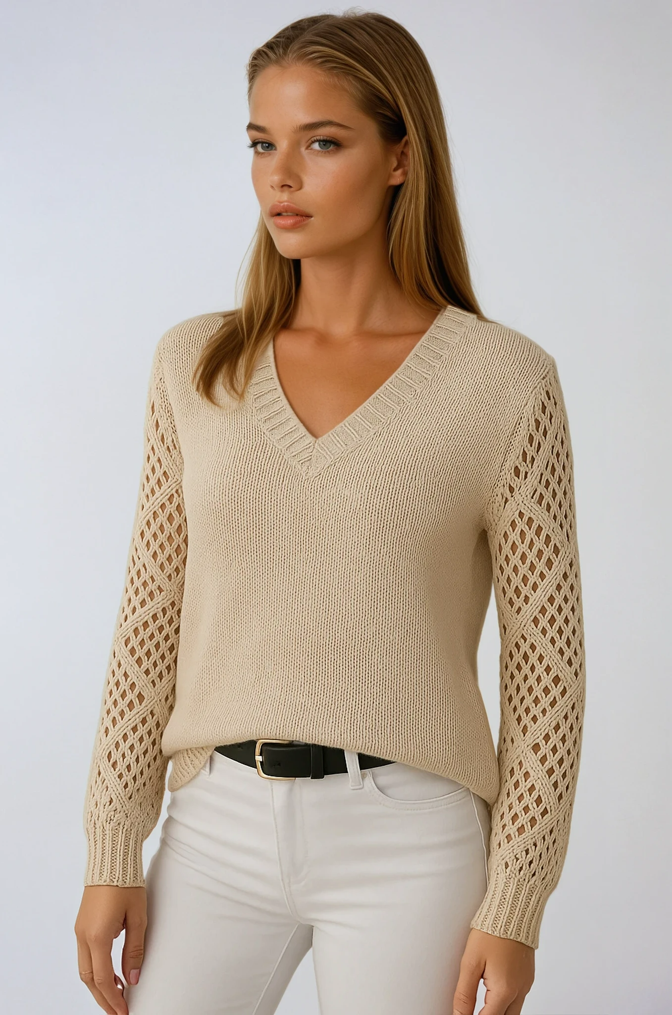 Glynice – Sweter damski z ażurowymi rękawami
