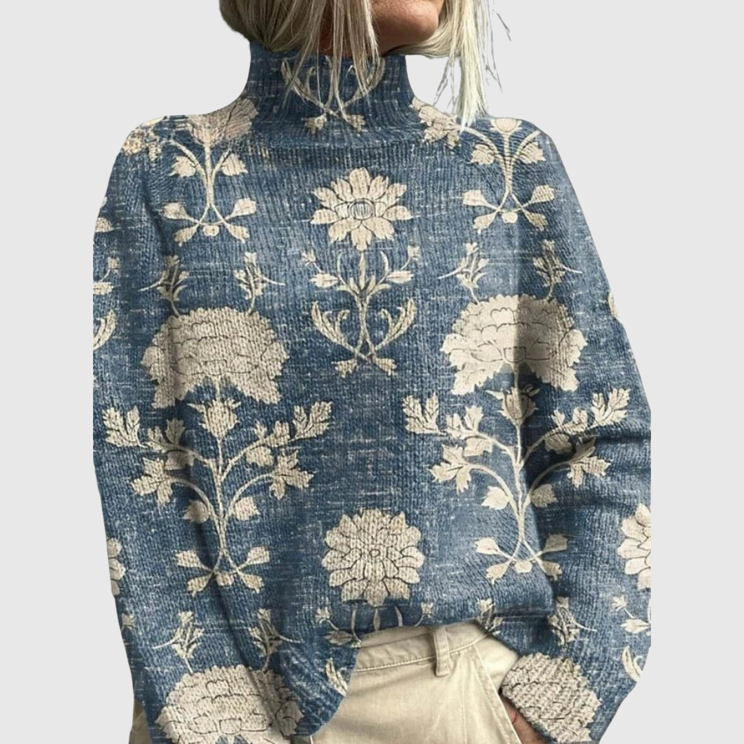 Sweter damski z golfem i wzorem inspirowanym naturą