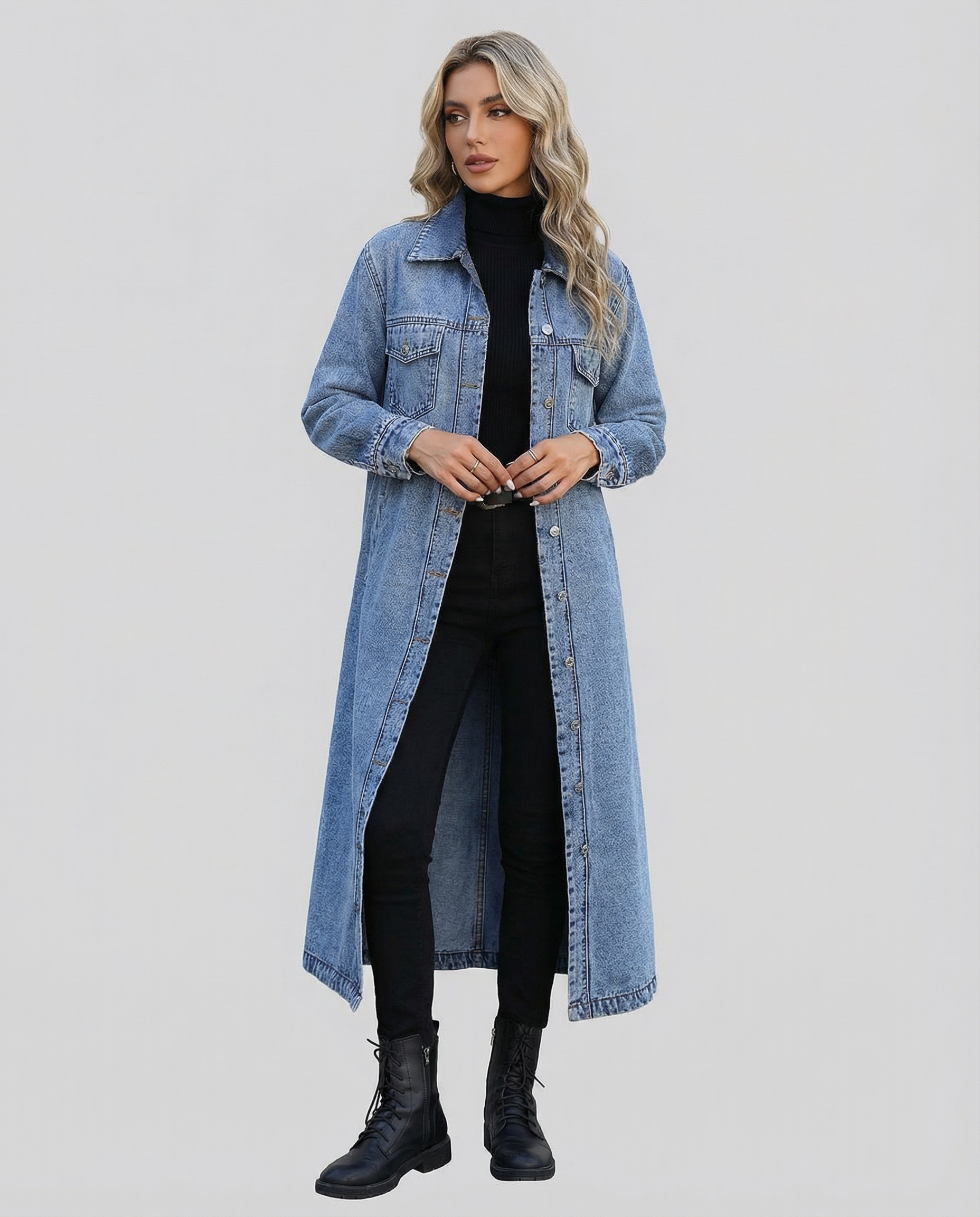 Klara – Długi płaszcz jeansowy damski oversize