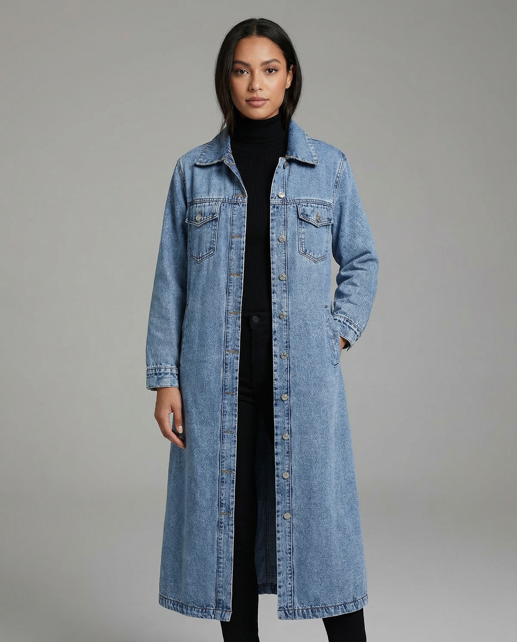 Klara – Długi płaszcz jeansowy damski oversize