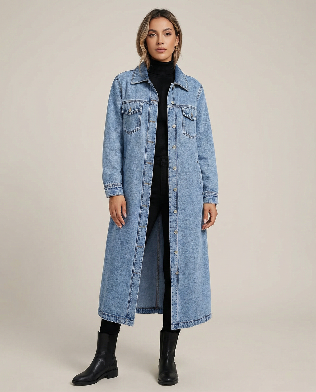 Klara – Długi płaszcz jeansowy damski oversize