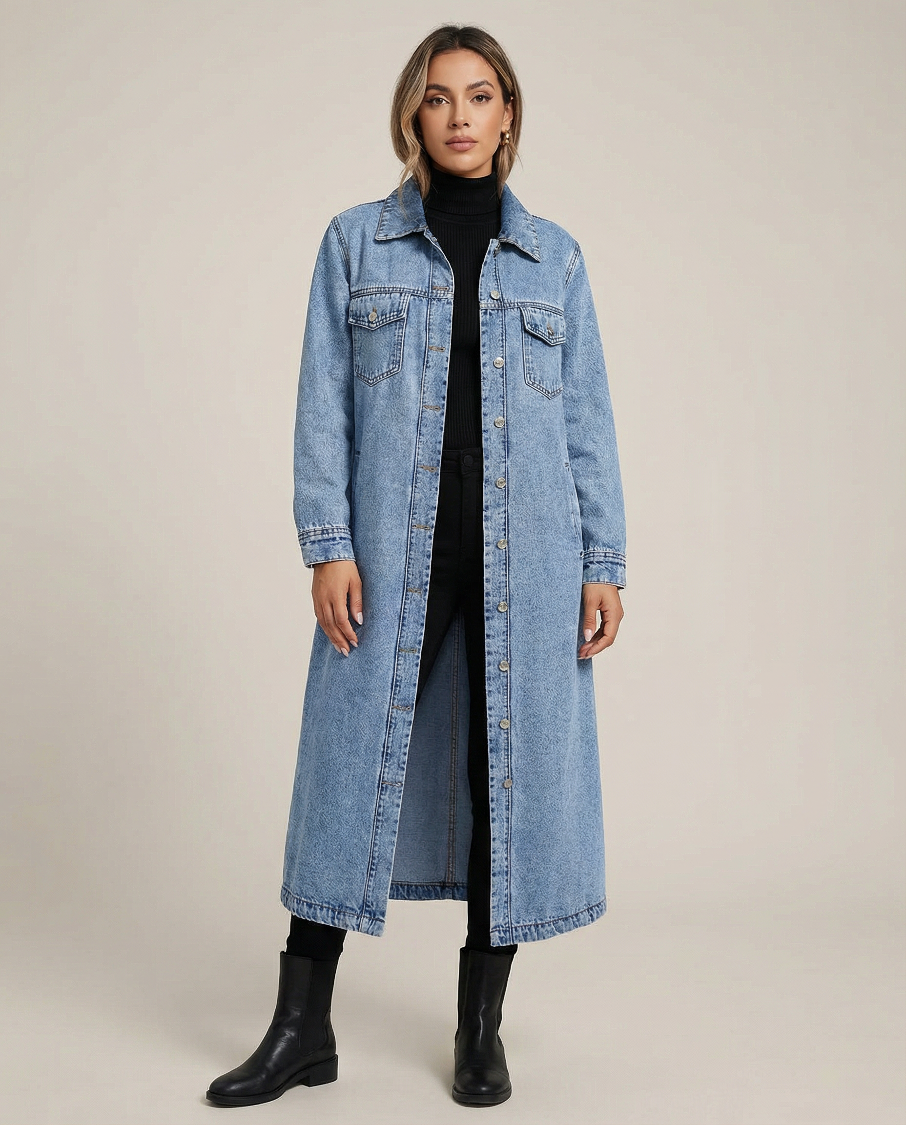 Klara – Długi płaszcz jeansowy damski oversize