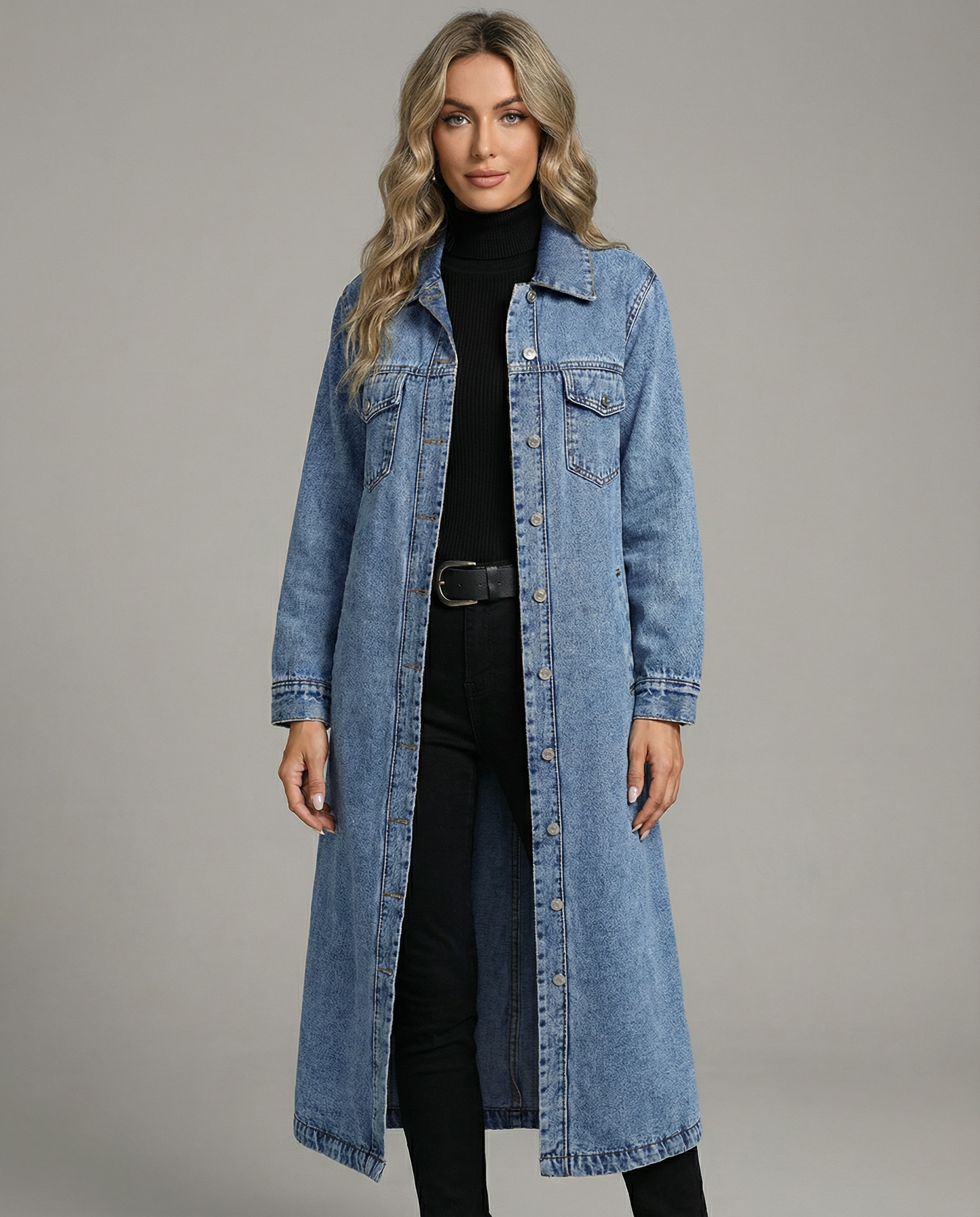 Klara – Długi płaszcz jeansowy damski oversize