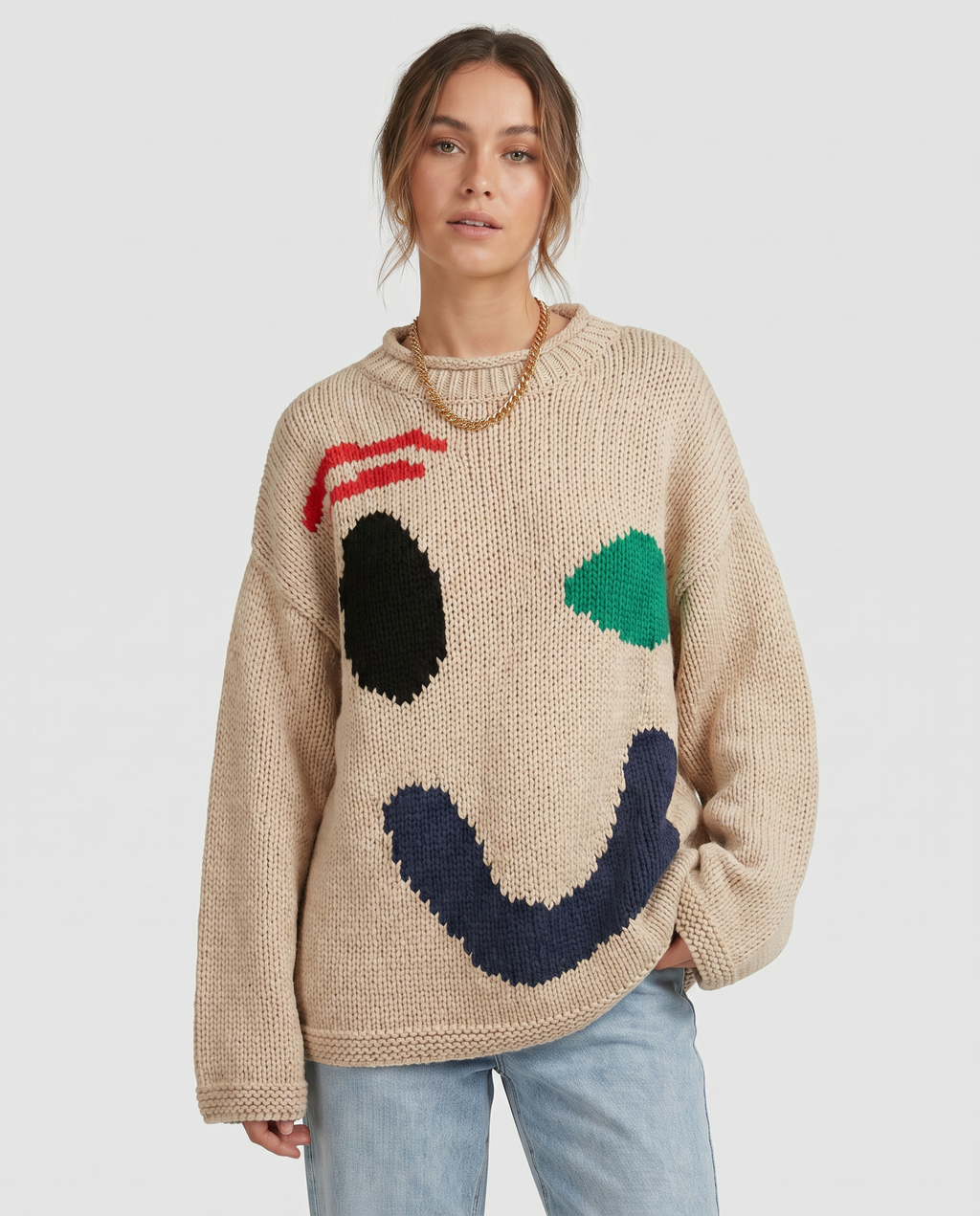 Nina – Sweter damski oversize z motywem uśmiechu