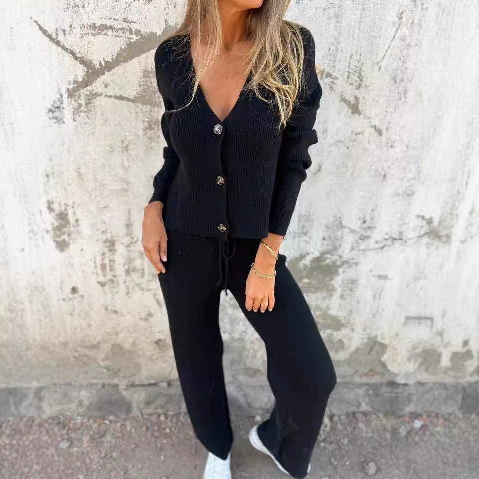 Nadia – Dzianinowy komplet damski z kardiganem i szerokimi spodniami
