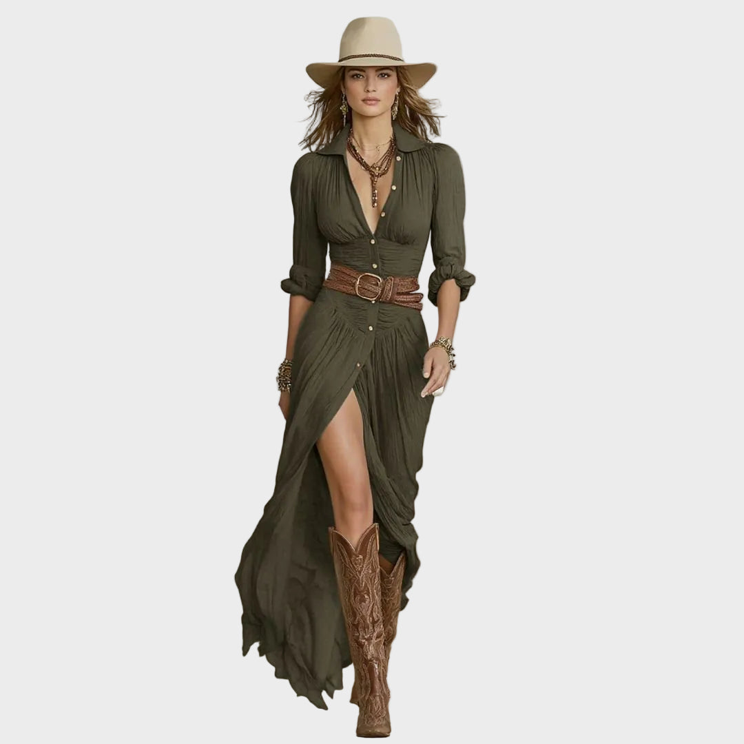 Ida – Elegancka sukienka maxi z kołnierzem