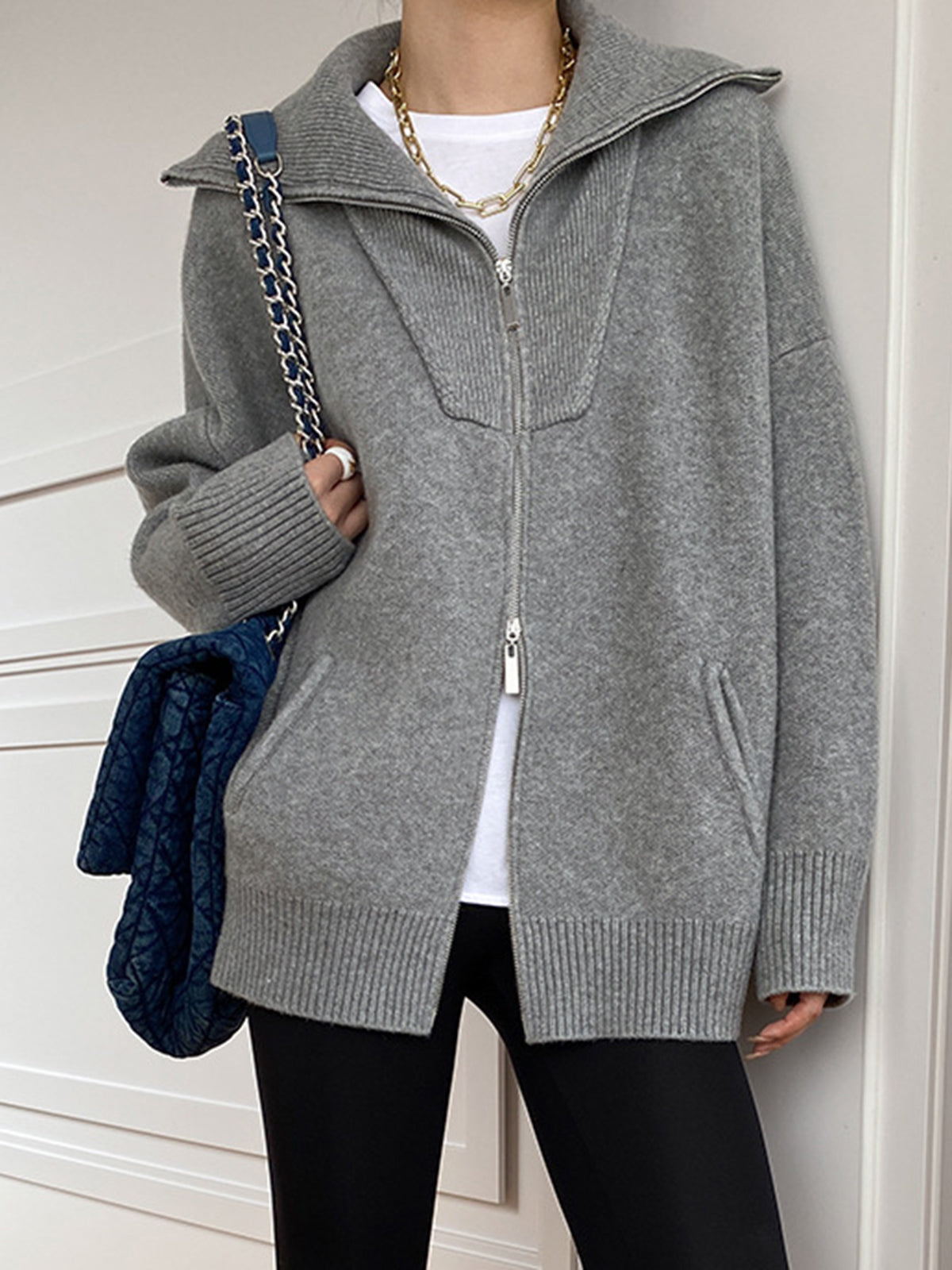 Erica – Kardigan damski oversize z kołnierzem i zamkiem
