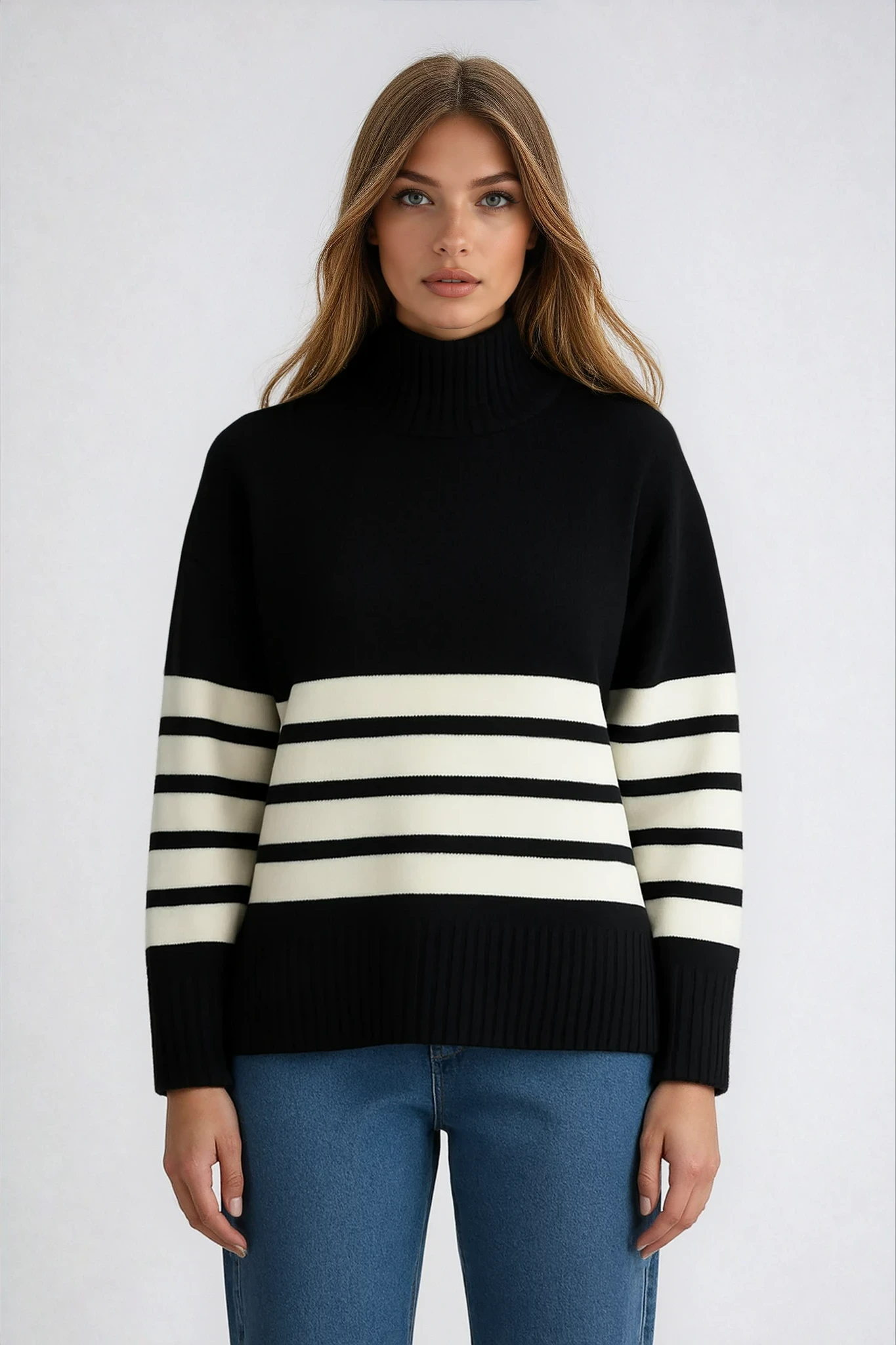 Sophia – Sweter damski w paski ze stójką