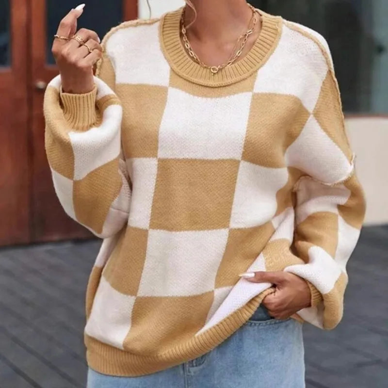 Sophia – Sweter damski oversize w szachownicę