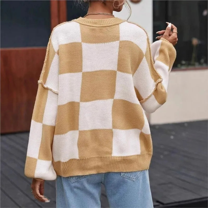 Sophia – Sweter damski oversize w szachownicę
