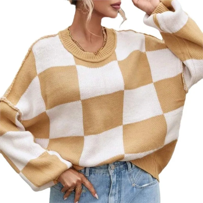 Sophia – Sweter damski oversize w szachownicę
