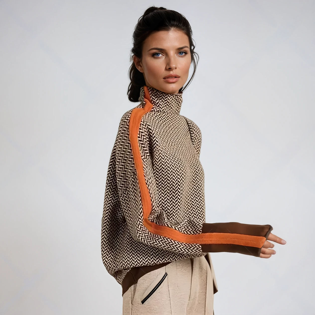 Lucia – Sweter damski z wysokim kołnierzem i kontrastowymi paskami