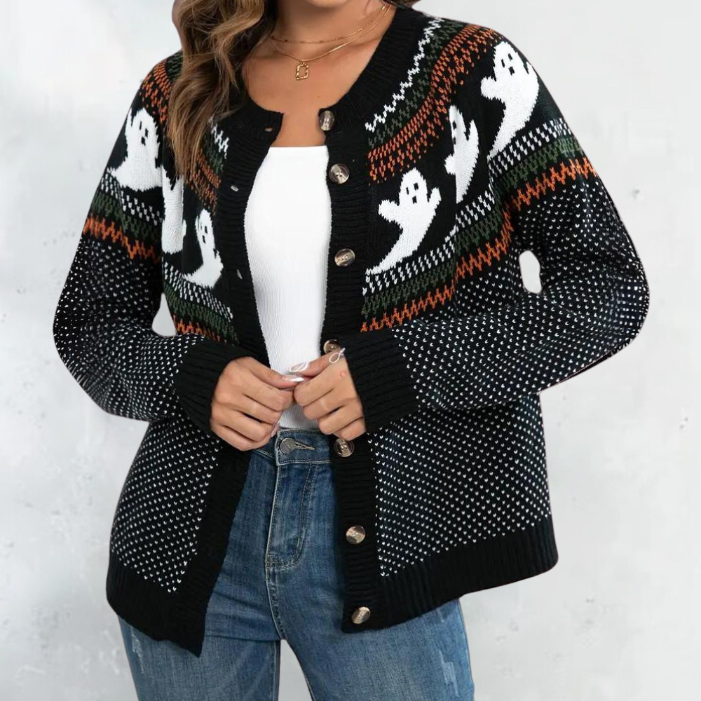 Sweter damski Halloween z żakardowym motywem duchów