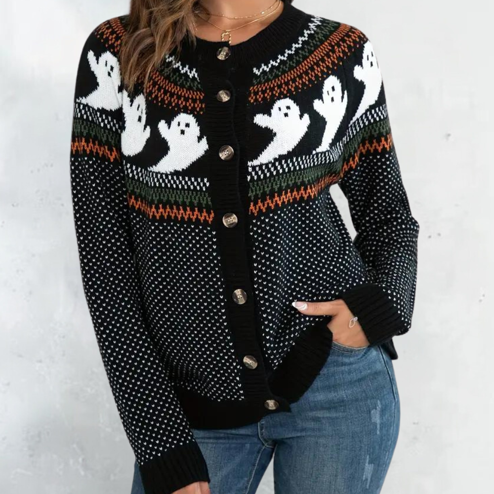Sweter damski Halloween z żakardowym motywem duchów