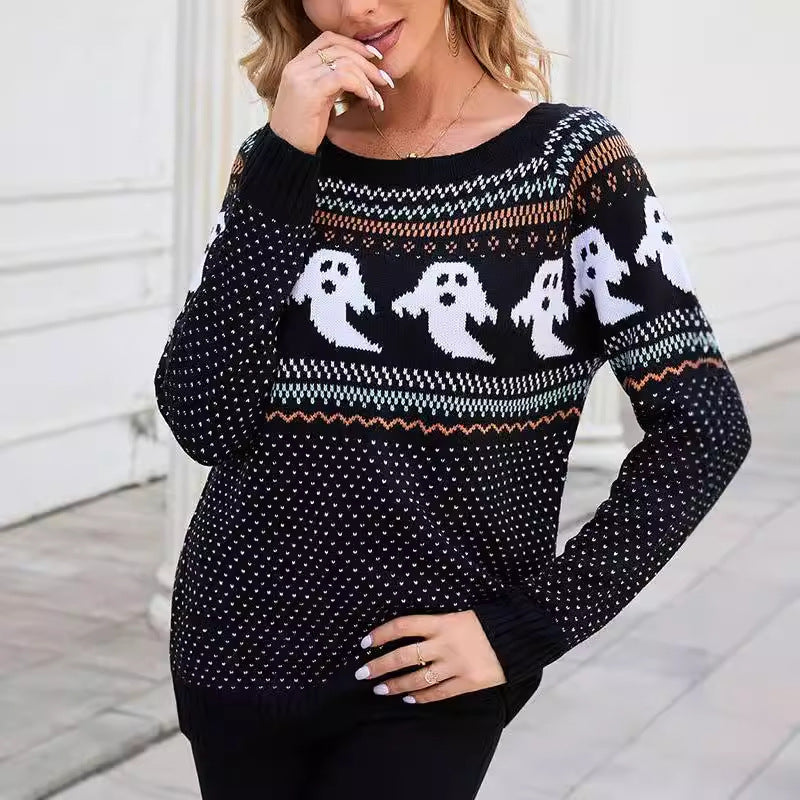 Krótki sweter damski Halloween z motywem duchów
